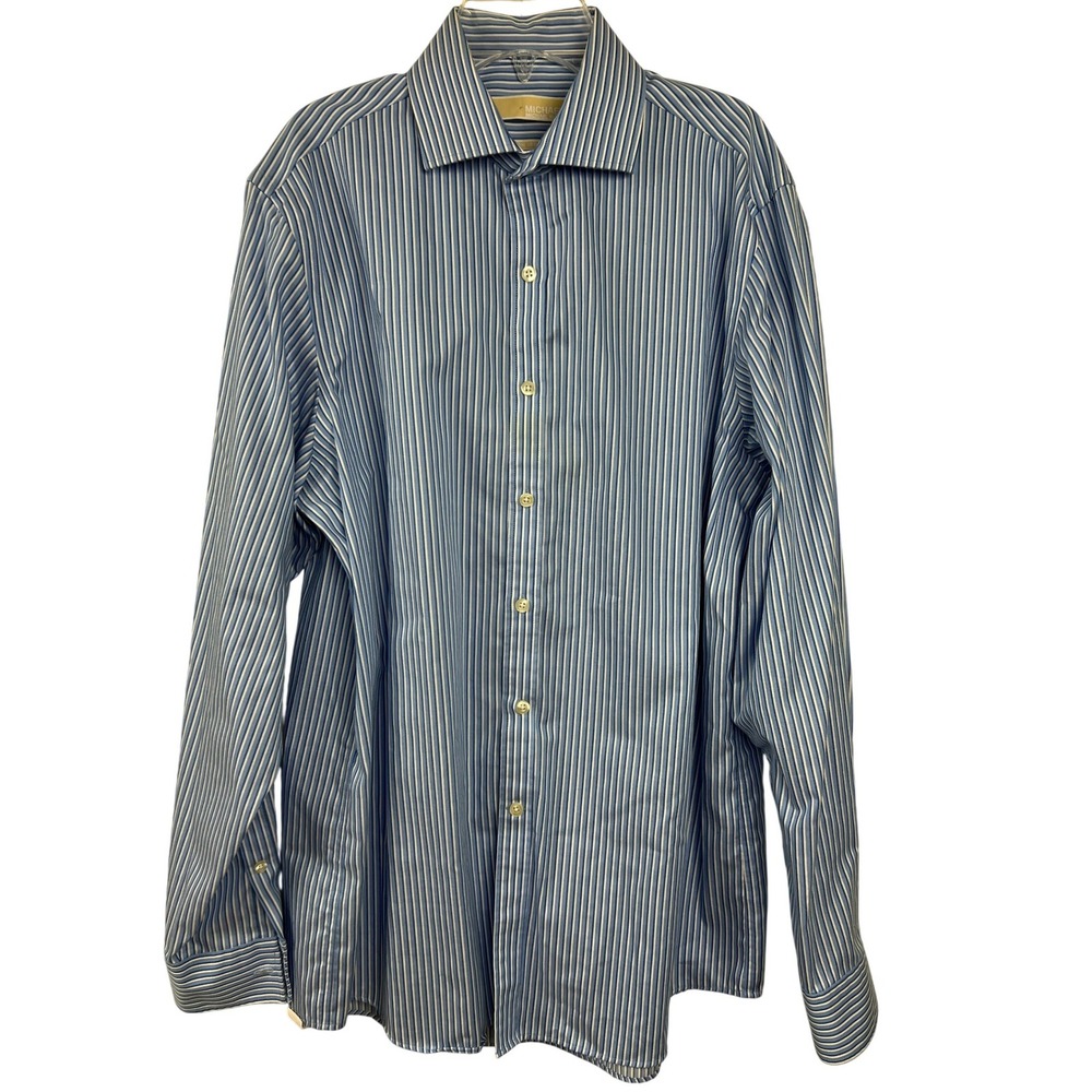 Michael Kors Dress Shirt Men Large Blue Stripe Non Iron Long Sleeve Button Up C8
